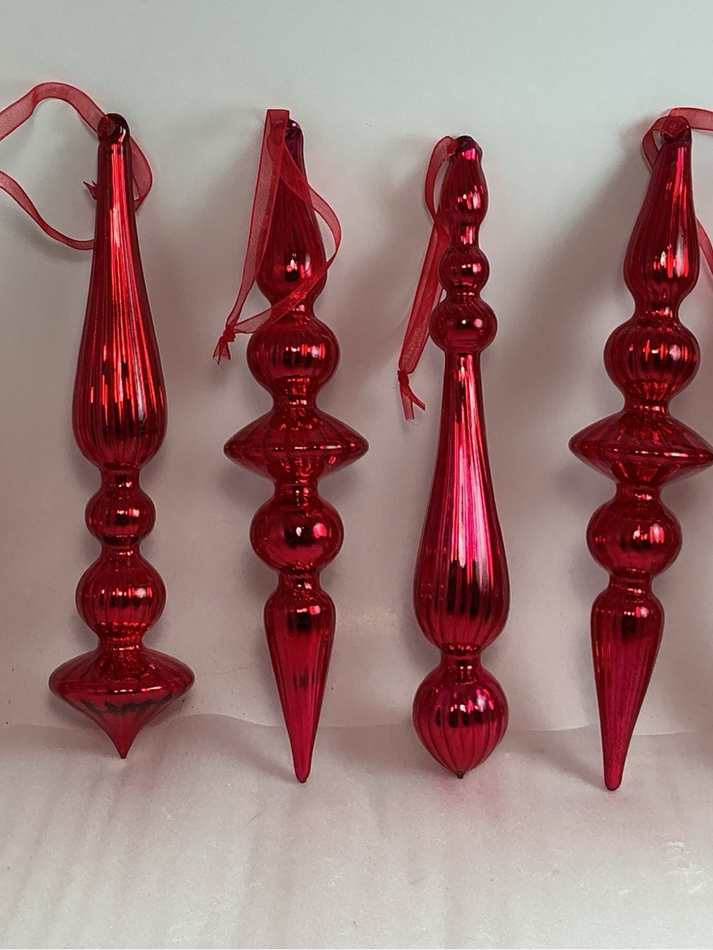 Glass Finial Christmas Ornaments - Brilliant Red - 8”- Mouth Blown - Set Of 6